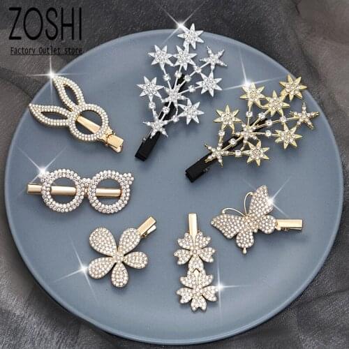 2021 New Fill Rhinestone Star Hair Clips For Women Flower Butterfly Hairpin Fashion Glasses Rabbit Hair Accessories Silver Gold