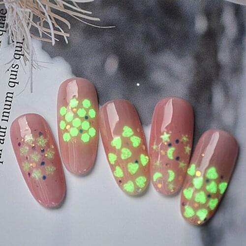 5g/Bag Glow-IN-DARK Nail Glitter Heart Star Flower Blue Green Pink Lumious Plastic Nail Flakes DIY ART Decoration Sequins PD131
