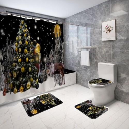 Bathroom Base Mat 3d Digital Printing Happy Shower Set Bathroom Shower Curtain Toilet Mat Floor Mat Christmas Tree Elk Pattern