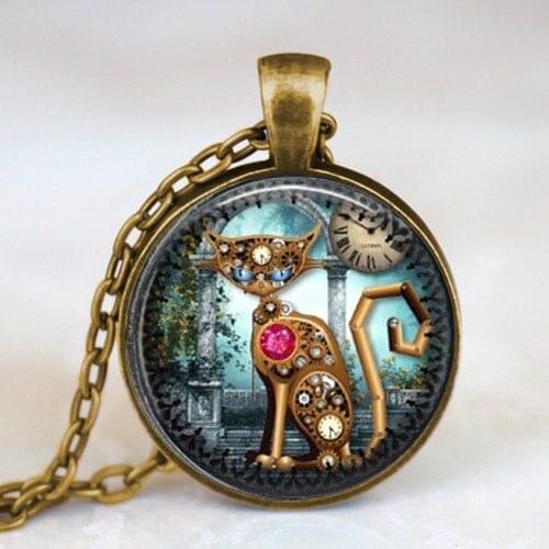Alice in wonderland Mechine Cat Clock Steampunk Pendant vintage Necklace charming chain 1pcs/lot women men fashion toy cosplay