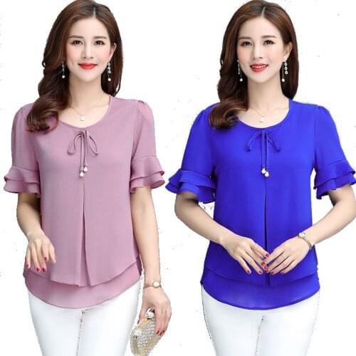 Sweet T Shirt Short Sleeve T-Shirts Women Plus Size Top Pink Chiffon Ladies Office Shirts 4XL Boho Summer Clothing Double Layer
