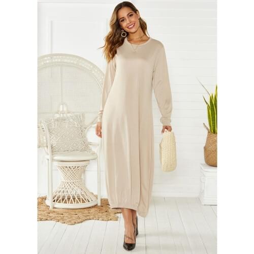 Summer New Fashion Casual Womens Grey Black Beige Collar Long Sleeved Baggy Gown Dress
