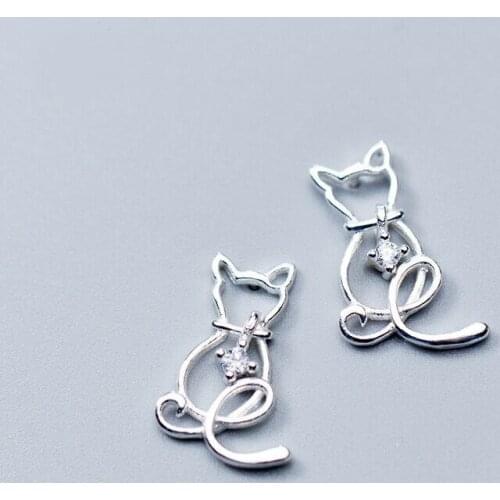 Fashion 925 Sterling Silver Animals Cat Stud Earrings Brincos For Girlfriend Gifts