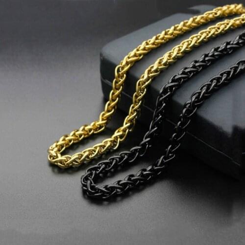 3-6mm Mens Round Spiga Wheat Long Chain Stainless Steel Gold black Color Necklace Hiphop Jewelry Gifts For Men 18-28inch