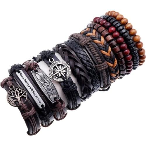 Men Punk Alloy Accessories Bracelets 12pcs/set Wrap Woven Fashion Handmade Women Leather Bracelet Men Bangle Jewelry Gift