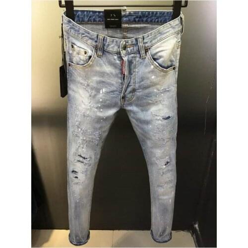 Mens Slim Micro-elastic Paint Hole Jeans 9326