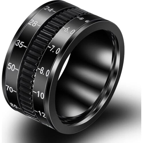 Mens Stainless Steel Black Camera Lens Photographers Triple Spinning Band Ring