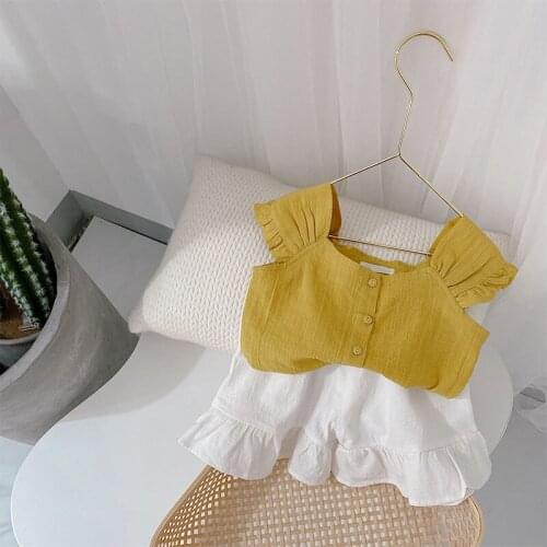 2021 Summer New Baby Girls Clothing Sets Cute Fly Sleeve Blouse Ruffle White Short 2pcs Set For Girl Children Summer Soft Suits