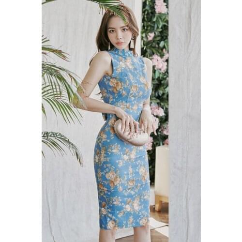 2021 New Summer High-Waist Slim-Fit Stand-Up Collar Sleeveless Backless Dress With Print Elegant Ladies Sexy Party Dress