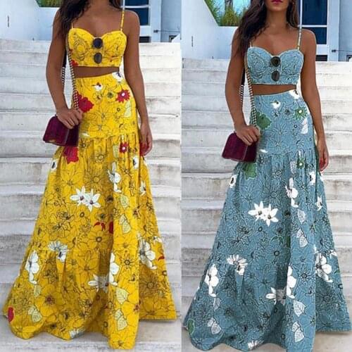 2 pieces/set womens boho dress blue floral print long maxi dress summer beach party dress suspender dress