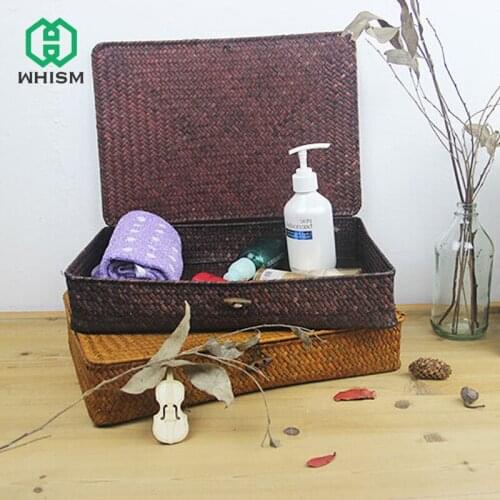 1PC Rattan Wicker Storage Boxes Handmade Storage Container Jewelry Storage Box Cosmetic Organizer with Lid Woven Seagrass Case