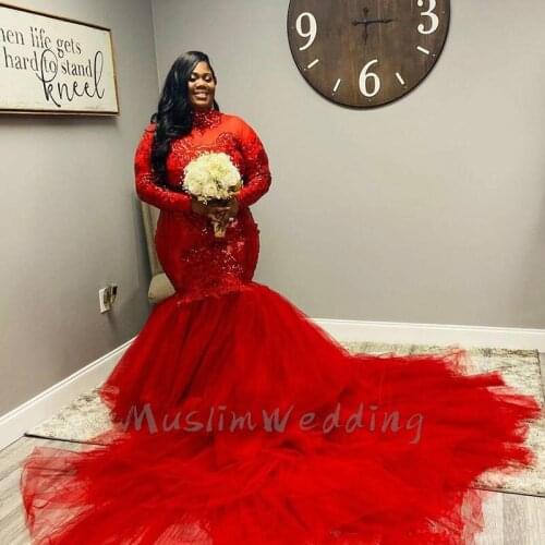 Plus Size Red African Prom Dresses With Sequins High Neck Long Sleeve Mermaid Evening Gowns Sweep Train Muslim Prom Dress 2021