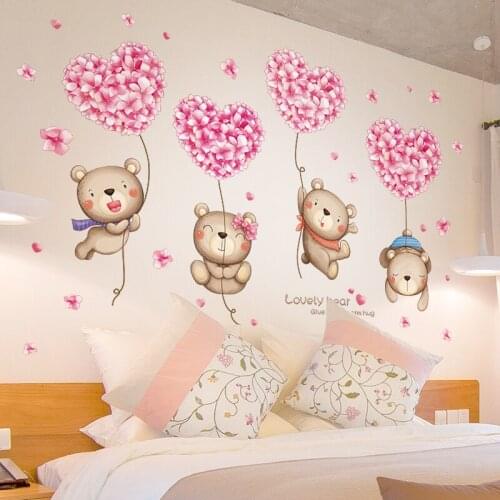 Pink Flowers Balloons Wall Stickers DIY Bear Animals Wall Decor Decals for Living Room Bedroom Children Nursery Home Decoration