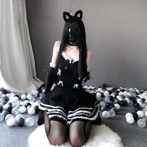 Girl Sexy Cute Black Dress and Thong Gothic Outfit for Woman New With Hat Gloves Lolita Maid Cosplay Costumes Anime Punk School