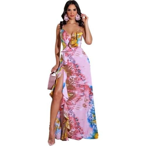 Sexy High Split Backless Women Spaghetti Strap Dress Summer Ruffles Sleeveless Maxi Long Sundress Party Club Dress Holiday