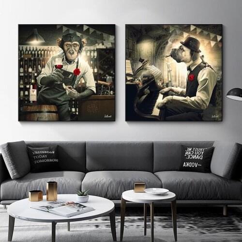 Modern Monkey Drinking Red Wine and Playing The Piano Dog Large Poster Wall Art Pictures Print Canvas Painting Home Decoration