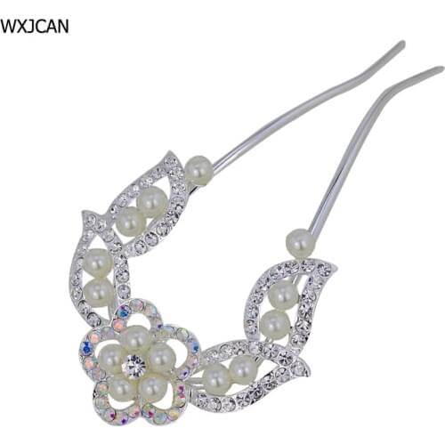 WXJCAN U-shape hair sticks tiara Simulated pearl and rhinestone hair accessories Decorations on the head jewelry H1005