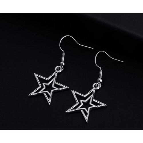 Trendy Vintage Star Shape Dangle Antique Silver Plated Earrings for Women Girl Retro Drop Earrings Cute Earring Jewelry Bijoux