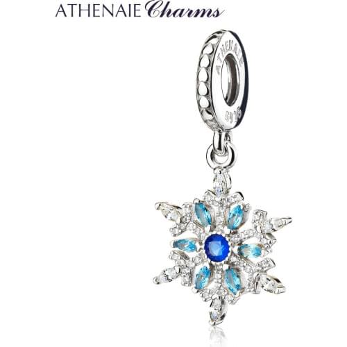 ATHENAIE 925 Sterling Silver Pave Blue Crystals CZ Crystalized Snowflake Pendant Drops Charms Beads For Women Gift Mothers Day