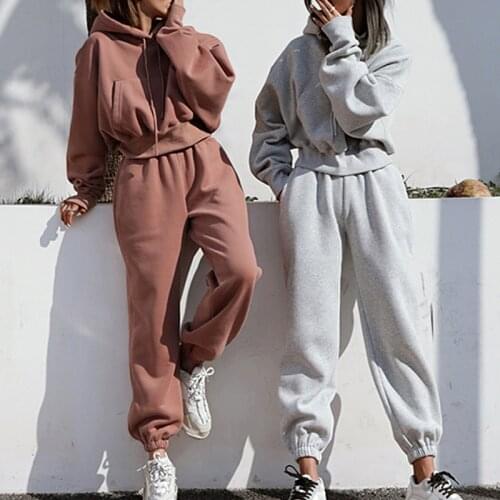 Women Autumn Winter Streetwear Plus Size Hoodies Joggers 2 Piece Set Hooded Sweatshirt Two Piece Set Tracksuit Fleece Outfits
