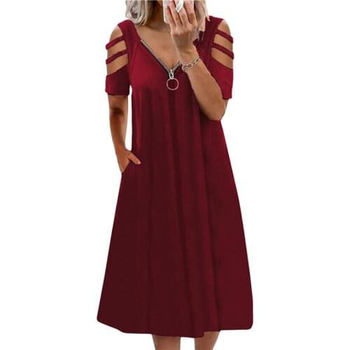 Women Casual Loose Beach Dress Summer Dresses Sexy Zipper V-neck Dress Short Sleeve Hollow Out Clothes New Female Vestidos