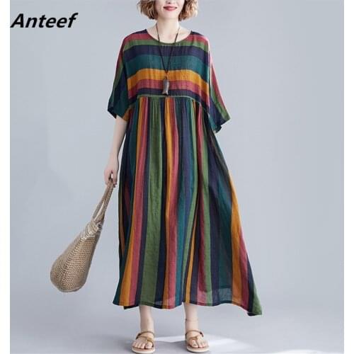 Anteef short sleeve cotton vintage stripe dresses for women casual loose long woman summer dress elegant clothes 2021