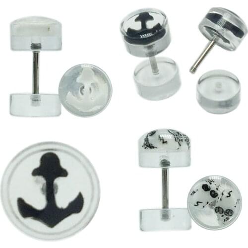 1 pair fashion new mens ear studs earrings fake ear plugs tunnels white black 8mm anti-allergic piercing jewelry pendientes