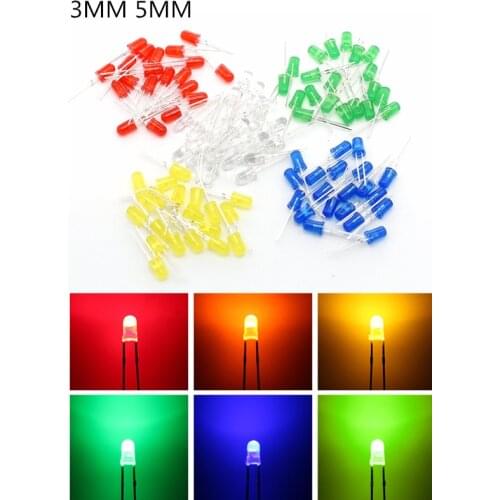 110PCS Colors LED 5mm 3MM LED Lamp F5 Red Blue Green White Yellow 3.2V 20MA Light Emitting Diode cool White 16000mcd luminance