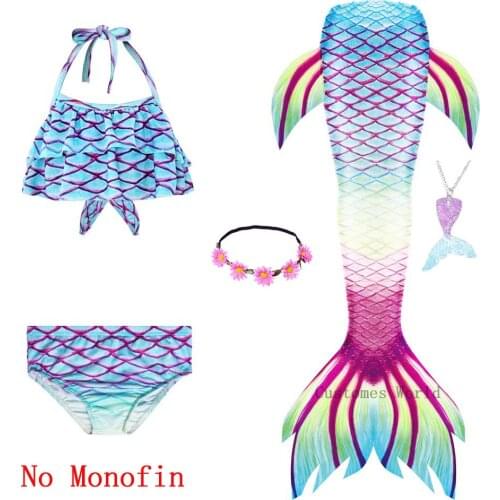 2020 Girls Beach Wear Swimming Mermaid Tail Dress Beach Bikini Summer Dress Clothes Little Ariel Princess Kids Costume Necklace