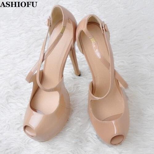 ASHIOFU Handmade Real Photos Ladies High Heel Pumps X-straps Peep-toe Party Dress Shoes Platform Evening Club Fashion CourtShoes