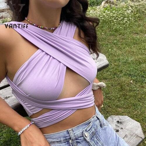 Bodycon Crop Tank Tops Summer Crop Cute Crop Top Sexy Backless Hanging Neck Cross Hollow Navel Multifunctional Vest Woman