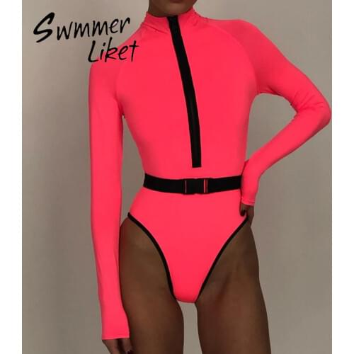 Long sleeves one piece swimsuit women Sexy neon swimwear female Belt zipper monokini High neck bathing suit bodysuit 2020 summer