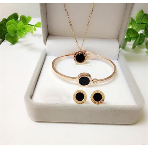 316L Stainless Steel Black and White Round Shell Titanium Steel Rose Gold Necklace Bracelet Earring Set No Fade