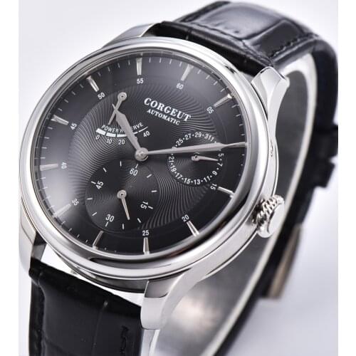 Corgeut 40mm Automatic Mechanical Mens Watch Stainless Steel Power Reserve Watch Man Leather Automatic Mechanical Wristwatches