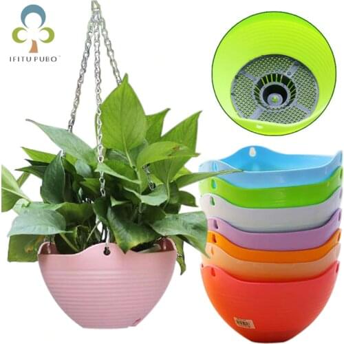 3Pcs Colorful Round Plastic Hanging Planter Flower Pot With Metal Chain For Home and Garden Indoor Plant Free Shipping GYH