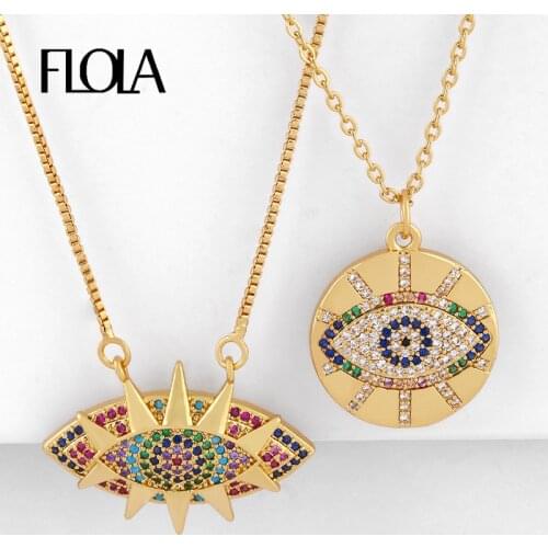 FLOLA Gold Filled Evil Eye Necklaces For Women Blue Eye Pendants Necklaces Crystal CZ Zircon Rainbow Jewelry olho grego nkeq21