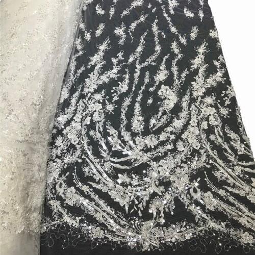 French Nicely Made High Quality Transparent Tulle Beaded Floral Mesh Flower Embroidered Lace Fabric Wedding Pure White Dresses