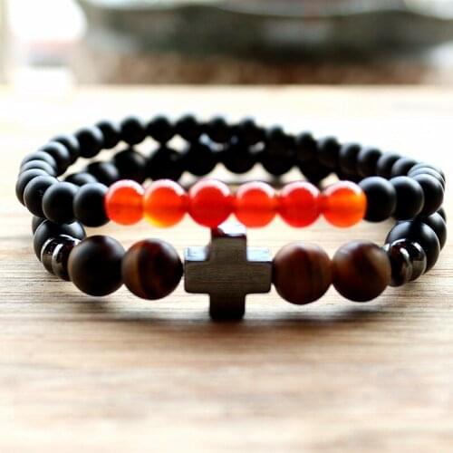 Stone Beads & Hematite Cross Buddha Charm Bead Bracelet Multilayer stretch Bracelets For Men Women Jewelry