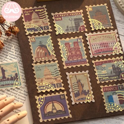 Mr.paper 4Pcs/pack Gold Stamping Vintage Retro Stamp Travel Plant Creative Stickers Bullet Journal Deco Stationery Stickers