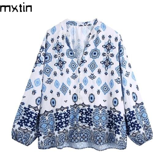 MXTIN 2021 Women Spring Fashion Print Single Breasted Blouses Vintage V-Neck Long Sleeve Office Lady Female Shirt Chic Top Mujer