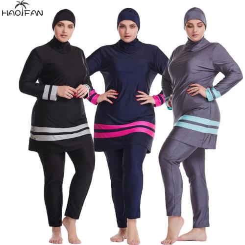 HAOFAN 2020New Muslim Swimwear Islamic Full Cover Modesty Plus Size Summer Beach Swim Wear Arab Women Beachwear Burkini Swimsuit