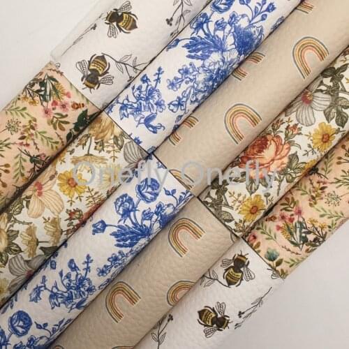 Onefly Wholesales Dropshipping Leather Supplier Flowers Rainbow Bees Synthetic Faux Vinyl Leather Fabric Sheets Bow DIY FZ059