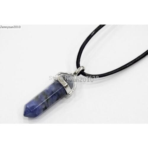 Natural Sodalite Gems Stones Hexagonal Pointed Healing Reiki Chakra Pendant Black Leather Cord Necklace18''lnch 5 Sets/Pack
