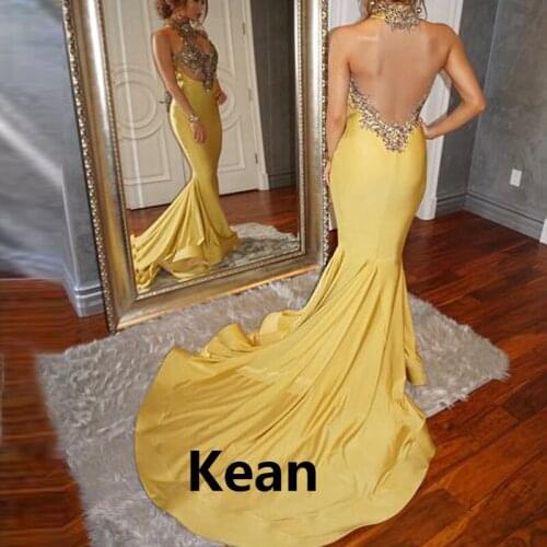 Yellow Evening Dress Backless Mermaid Satin Special Occasion robe soiree Islamic Dubai Kaftan Saudi Arabic Prom Dress