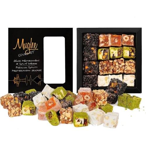 Luxury Sultan Pistachio Turkish Delights For Pistachio, Hazelnut, Almond Lovers 350gr 16pcs Mughe Gourmet Gift Box