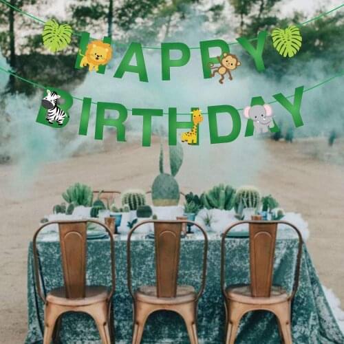 Safari Jungle Animals Happy Birthday Banner Green Leaves Wall Hanging Bunting Party Decoration Baby Shower Kids Party Supplies