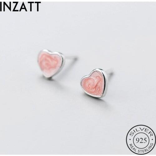 INZATT Real 925 Sterling Silver Pink Heart Stud Earrings For Fashion Woman Party Minimalist Fine Jewelry Cute Accessories Gift