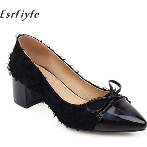 ESRFIYFE Fashion Patent Leather and Cloth Shallow Women Pumps Commute Pointed Toe Thick Heel Shoes Woman Handmade Ladies Pumps