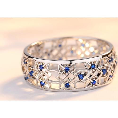 Vintage Female Small Blue Crystal Stone Ring Fashion Hollow Wedding Rings For Women Simple Silver Color Love Engagement Ring