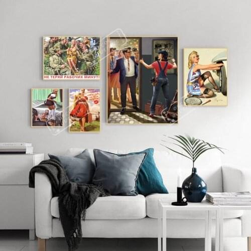 Vintage Soviet Russian Pin Up Girls Hotel Waiter Retro Poster Canvas Painting DIY Wall Paper Posters Home Decor Gift